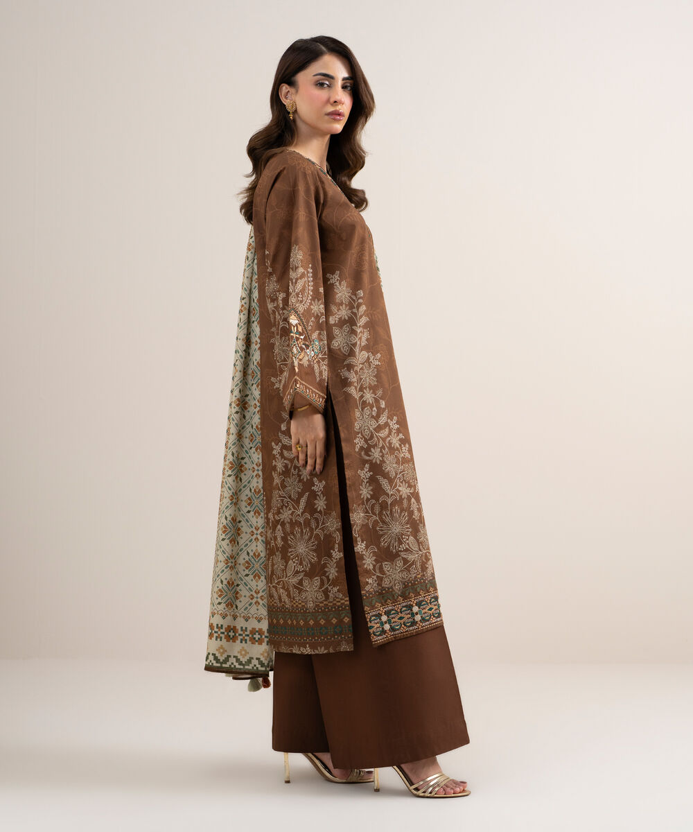 Women's Unstitched Lawn Embroidered Brown 3 Piece Suit