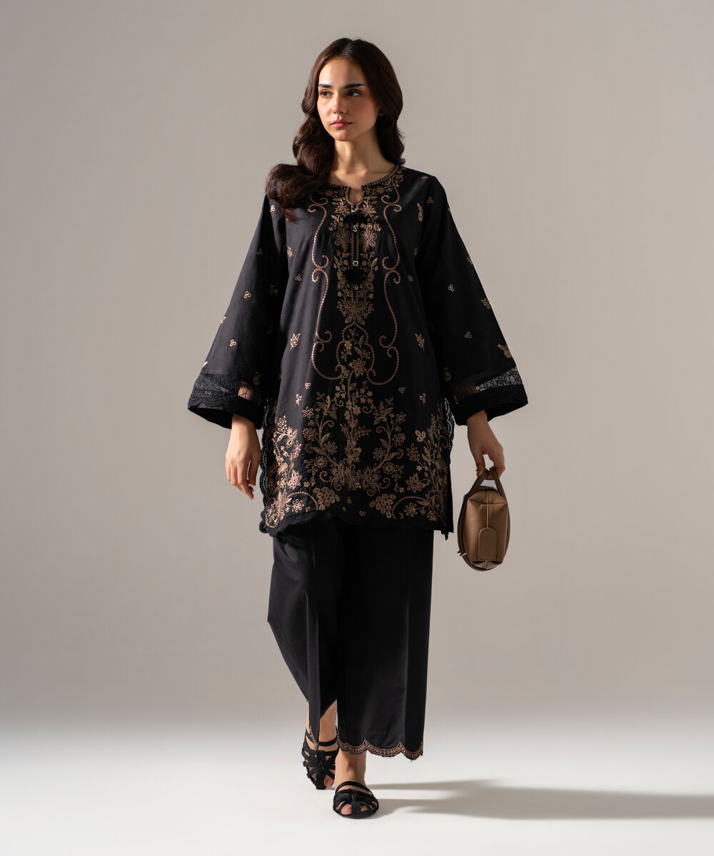 Women's RTW Self Jacquard Solid Embroidered Black 2 Piece Suit