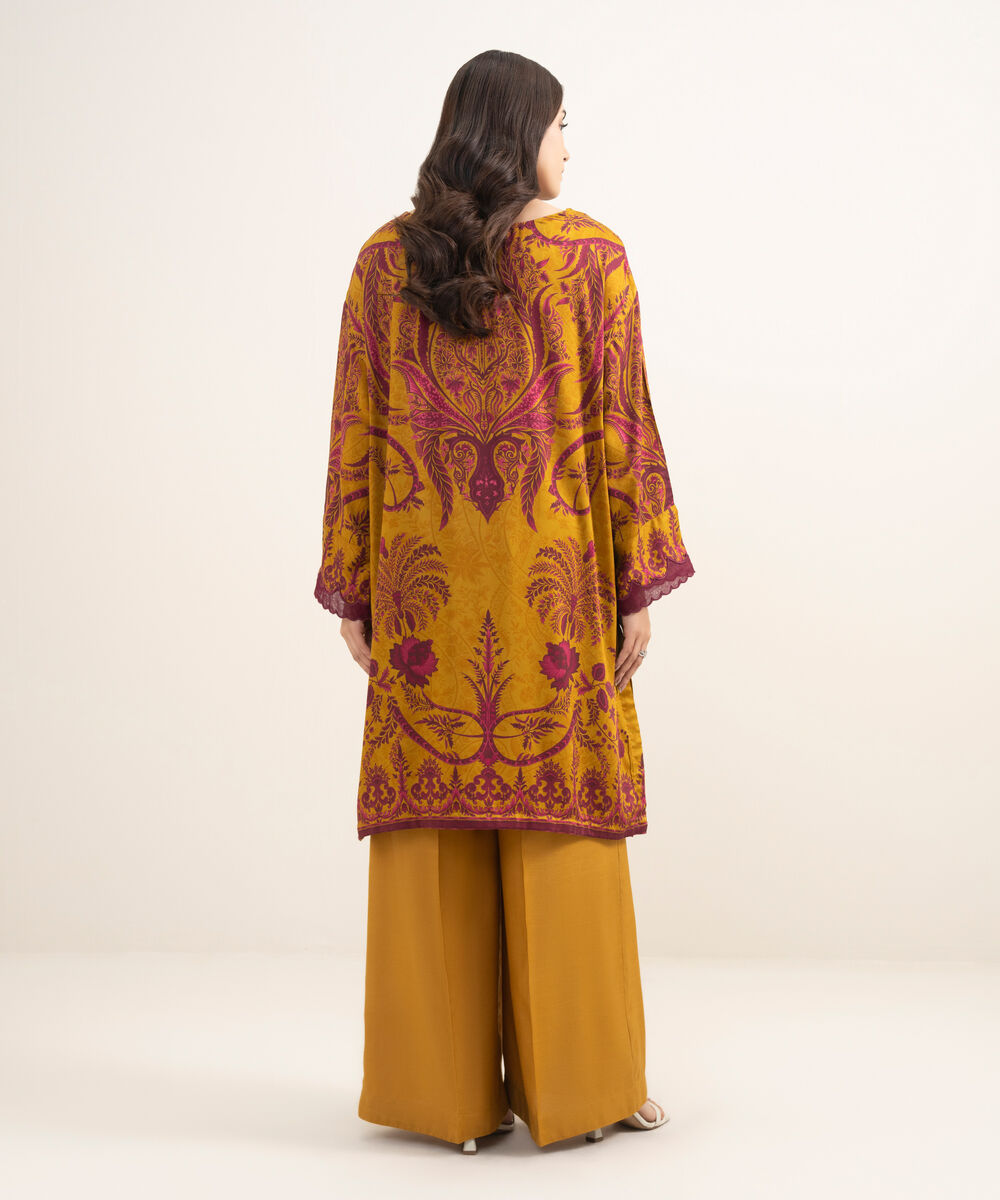 Women's RTW Premium Visocose Satin Embroidered Mustard Brown 2 Piece Suit