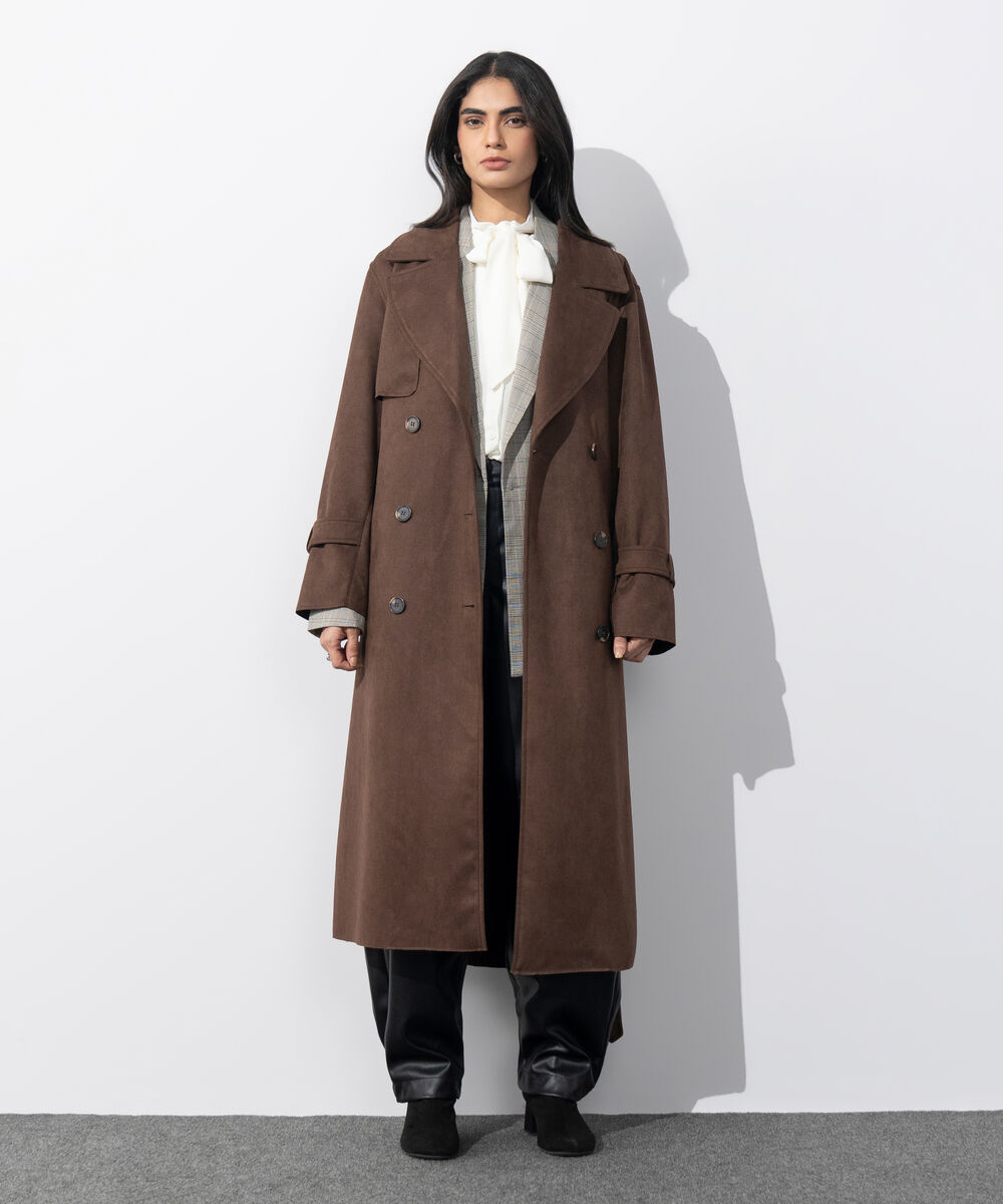 Women's Western Wear Light Camel Faux Suede Trench Coat