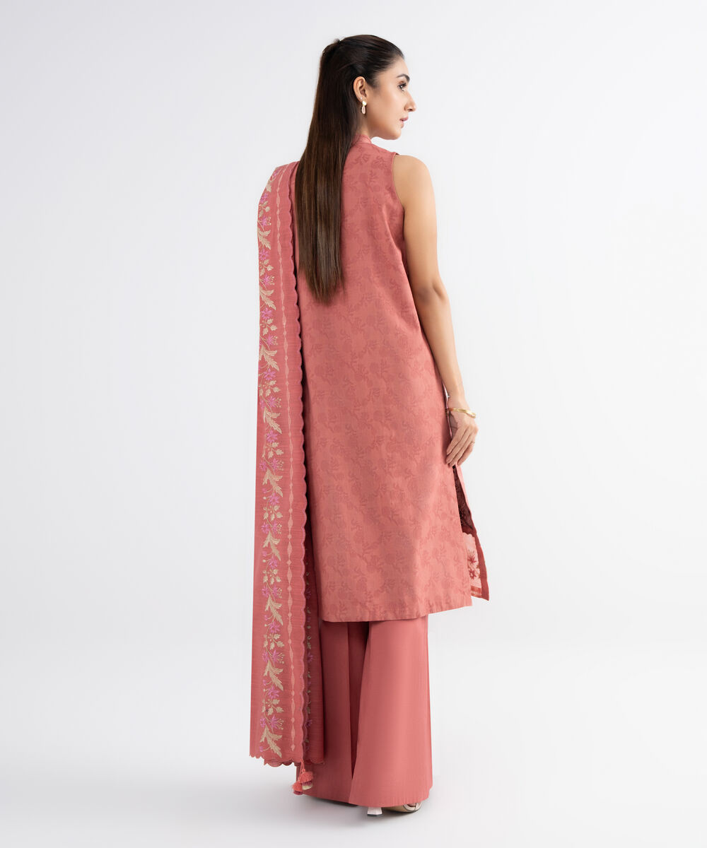 Women's Unstitched Cotton Jacquard Embroidered Pink 3 Piece Suit