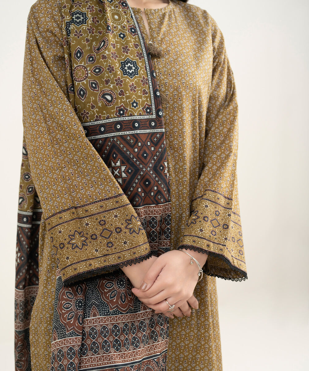 Women's RTW Lawn Printed Mustard Brown 3 Piece Suit