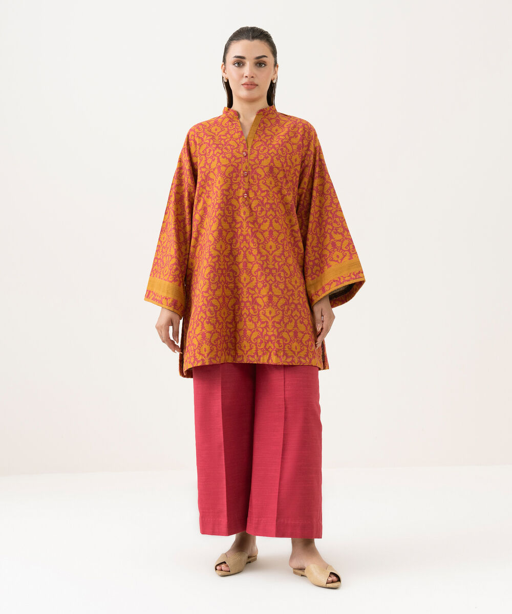 Women's Unstitched Khaddar Printed Orange 2 Piece Suit