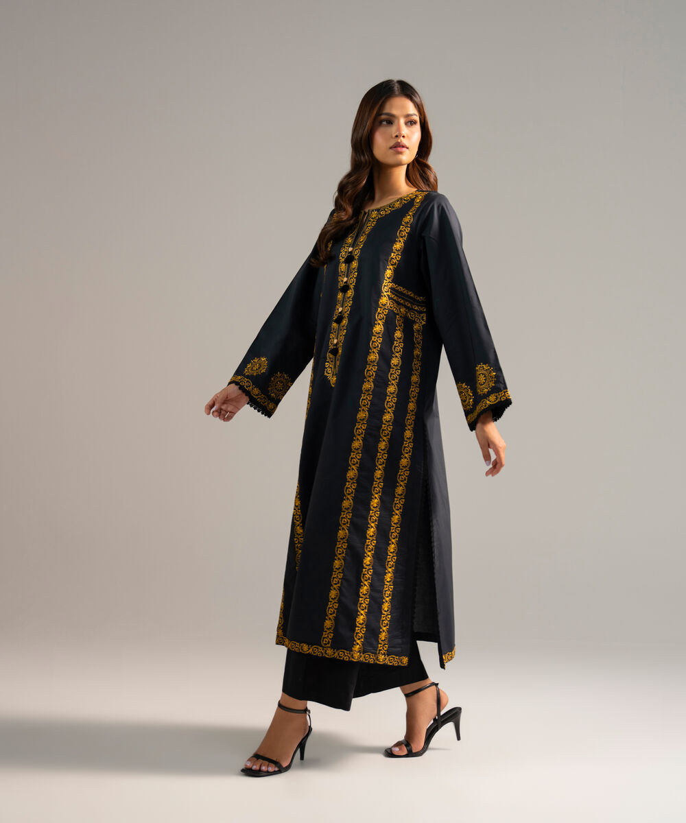 Women's RTW Poplin Embroidered Black Straight Shirt