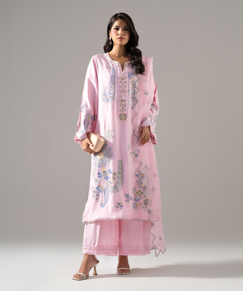 Women's RTW Raw Silk Solid Embroidered Pink 3 Piece Suit