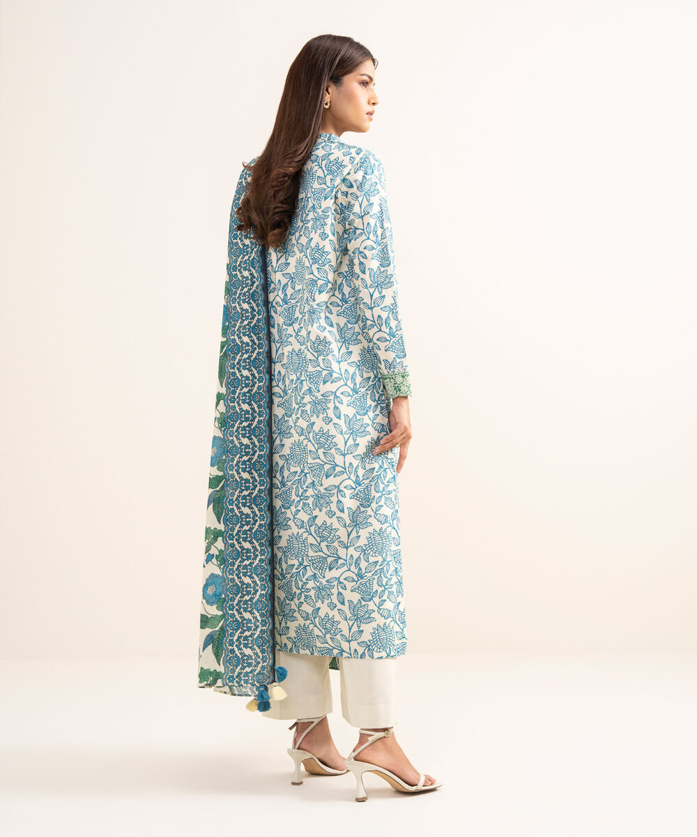 Women's Unstitched Lawn Printed Blue 3 Piece Suit