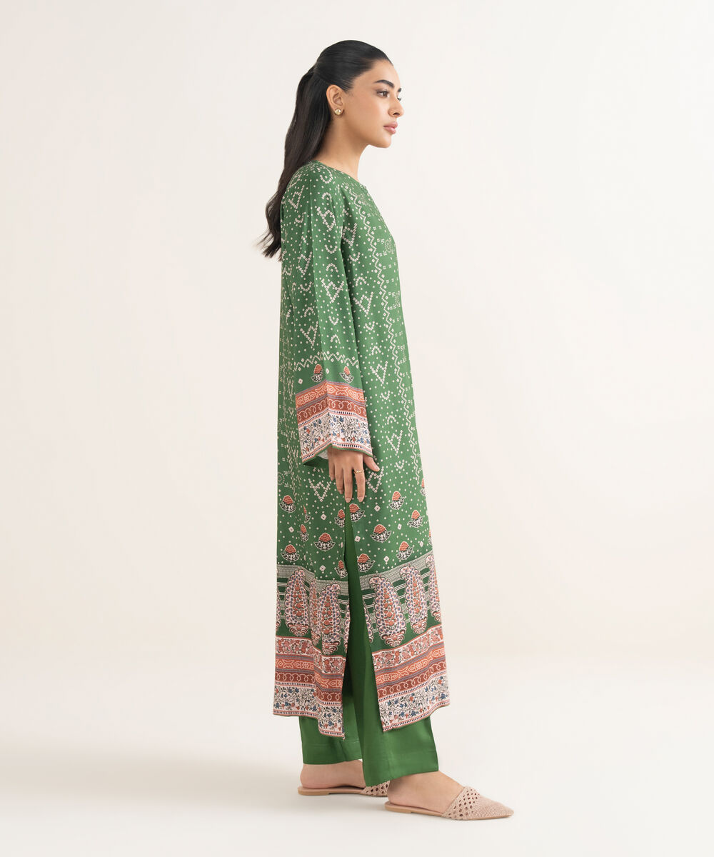 Women's RTW Linen Printed Green A-Line Shirt