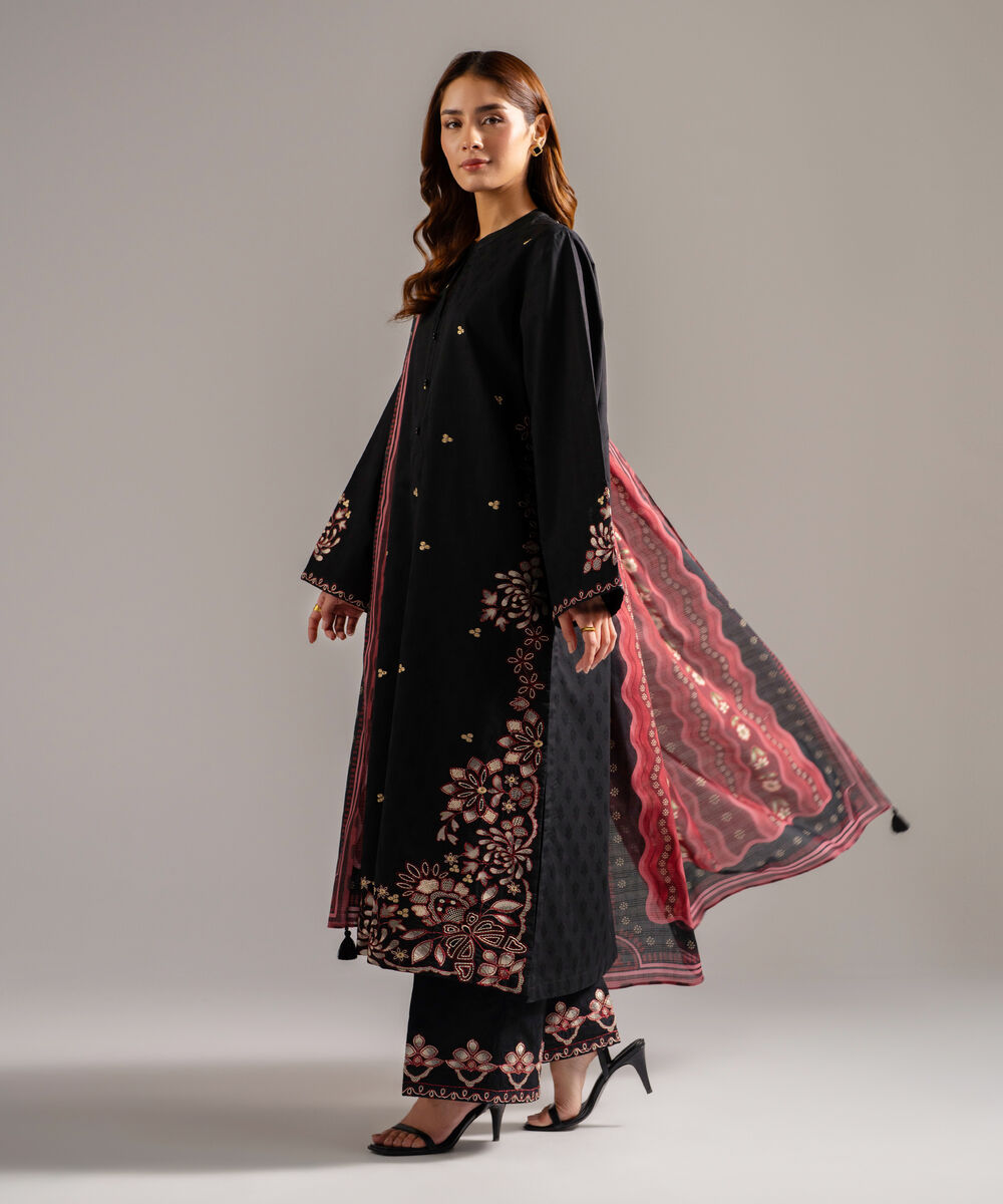 Women's RTW Self Jacquard Embroidered Black 3 Piece Suit