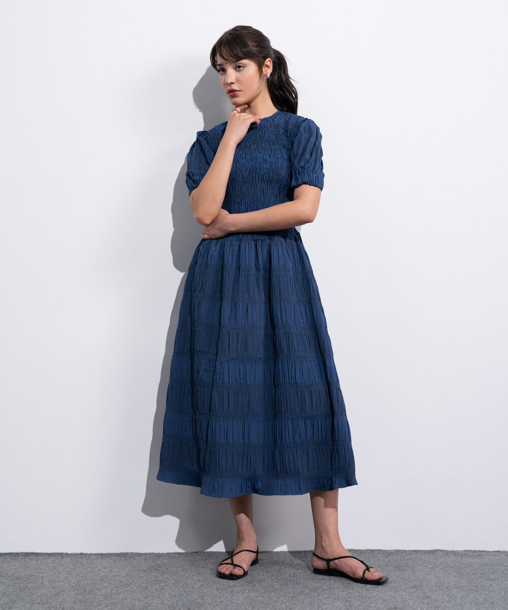 Women's Western Blue And Black Smocked Seersucker Gingham Dress