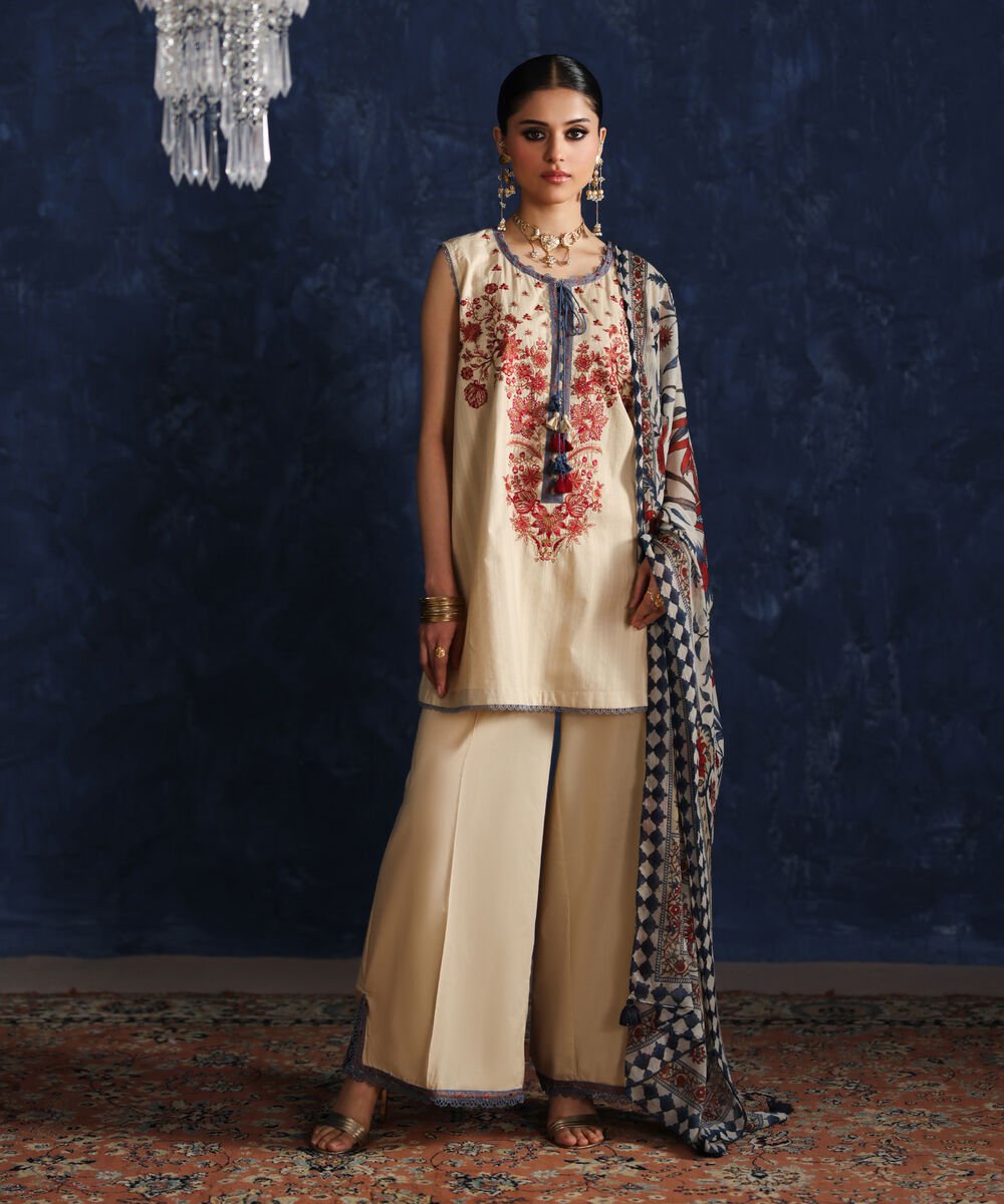 Women's RTW Leno Kara Embroidered Beige Straight Shirt