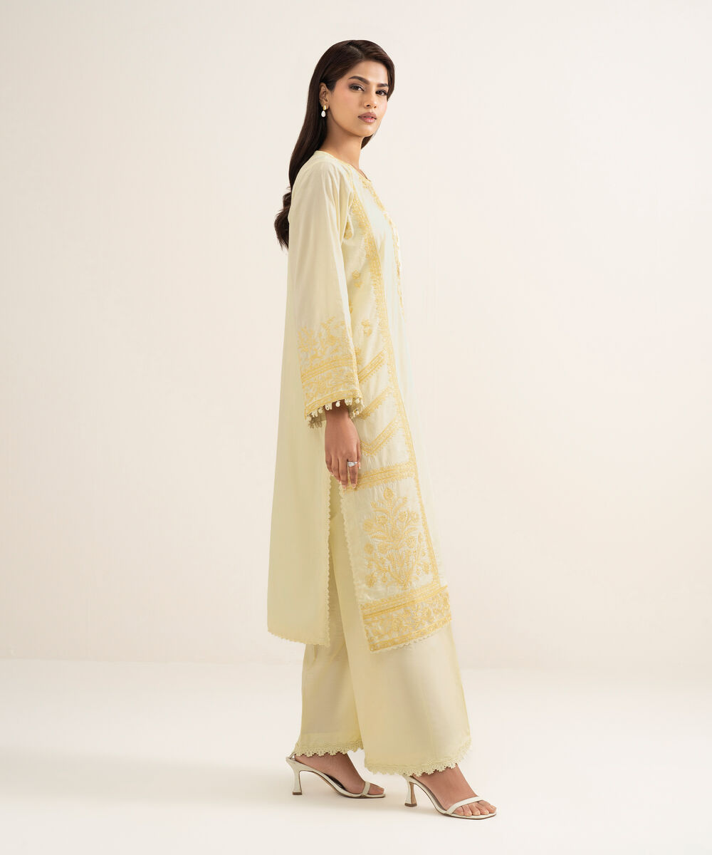Women's RTW Self Jacquard Embroidered Yellow A-Line Shirt