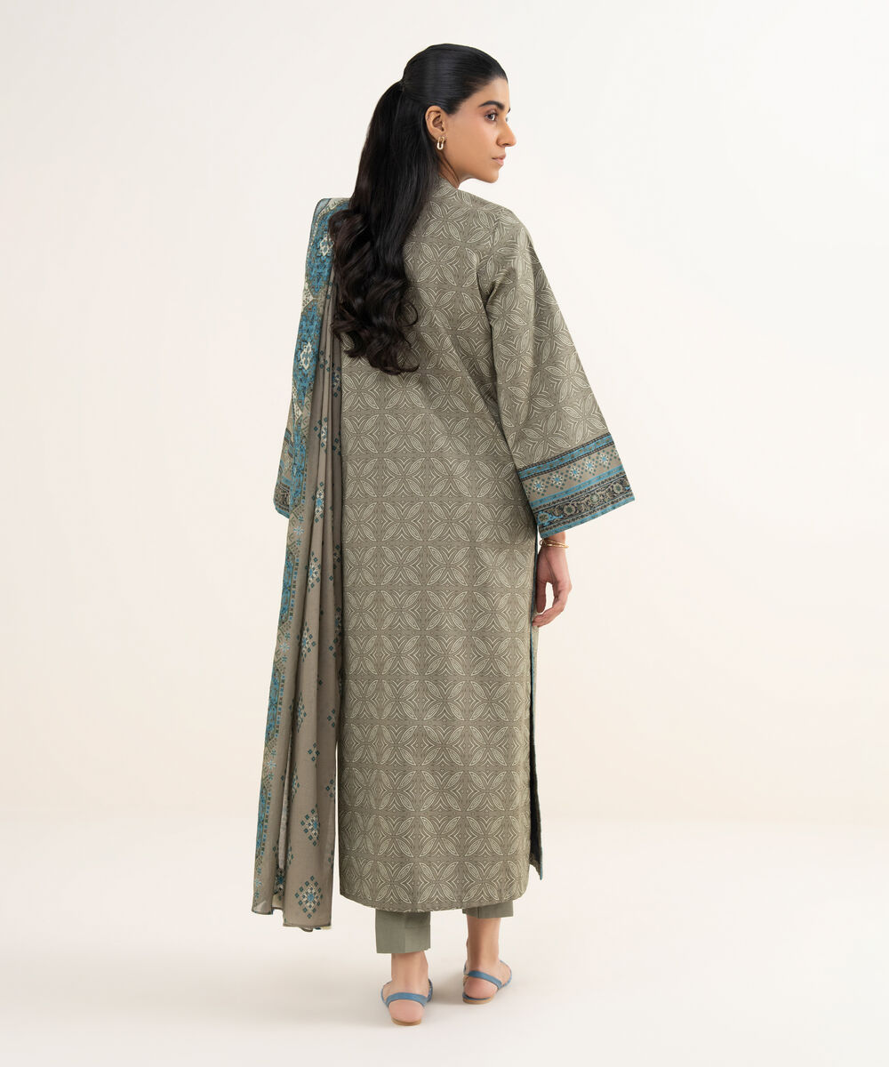 Women's Unstitched Lawn Printed Beige 3 Piece Suit