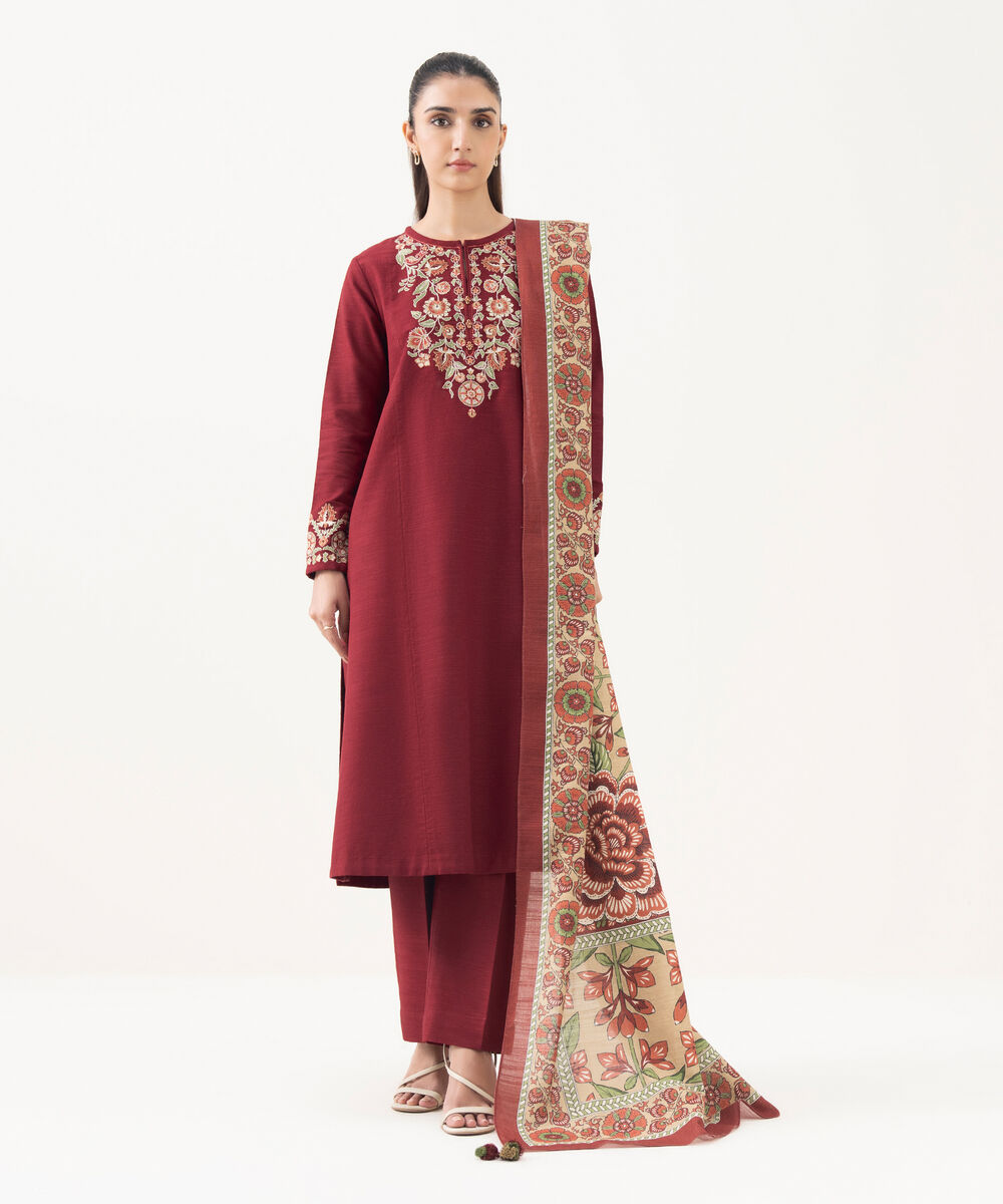 Women's Unstitched Khaddar Embroidered Red 3 Piece Suit
