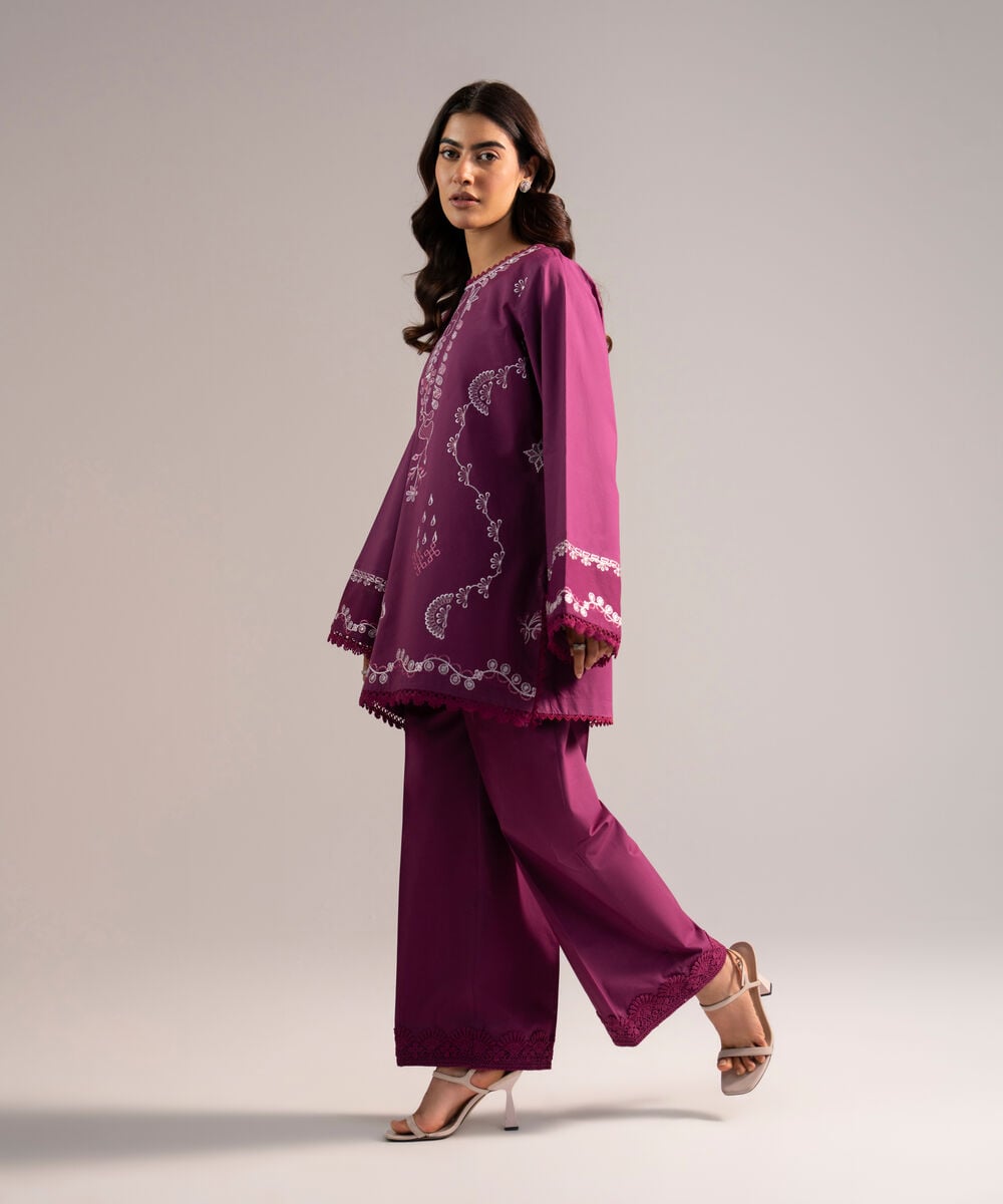 Women's RTW Cambric Embroidered Purple A-Line Shirt