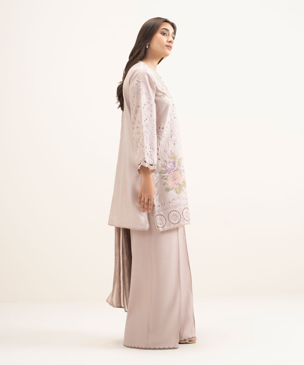 Women's RTW Silk Cotton Net Embroidered Lilac 3 Piece Suit