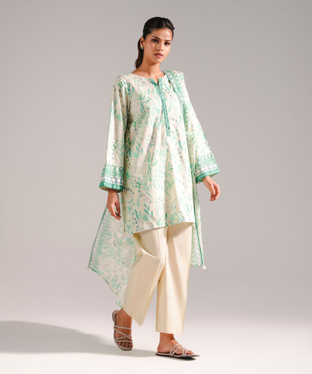 Women's RTW Cotton Viscose Printed Cream 2 Piece Suit