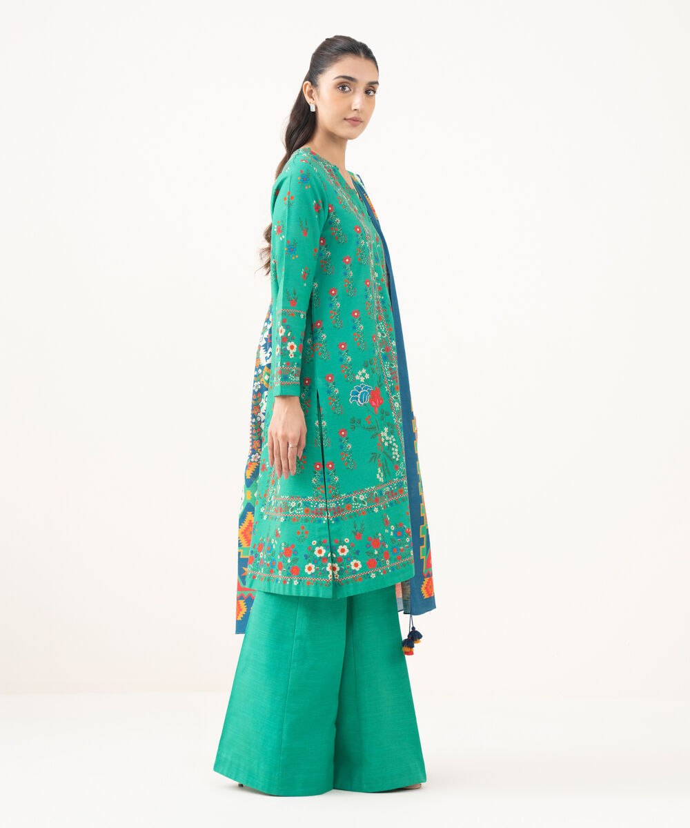 Women's Unstitched Khaddar Printed Green  3 Piece Suit