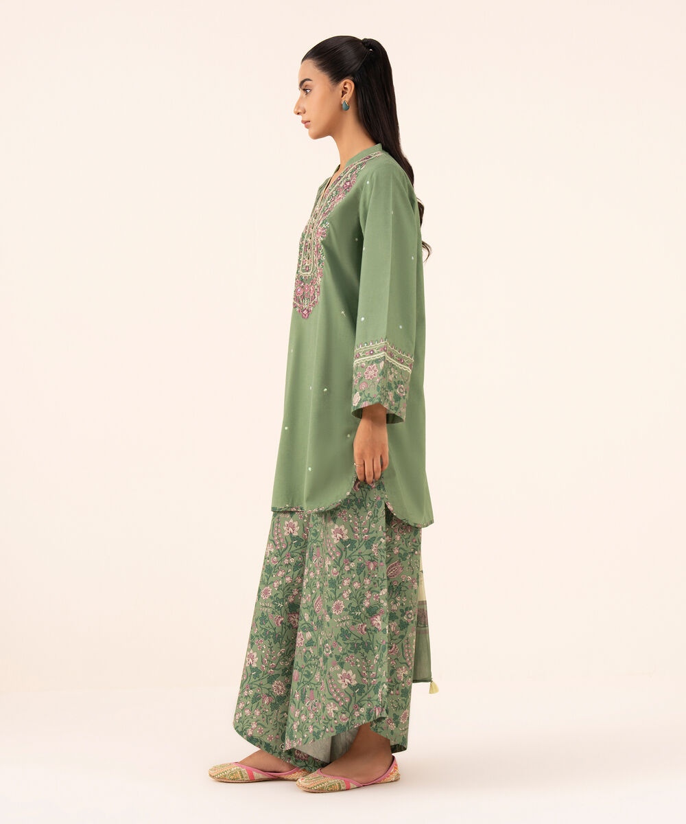 Women's Unstitched Cotton Viscose Embroidered Green 3 Piece Suit