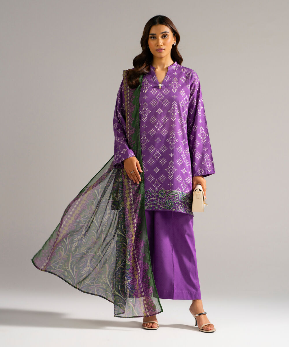 Women's RTW Self Jacquard Embroidered Purple 3 Piece Suit