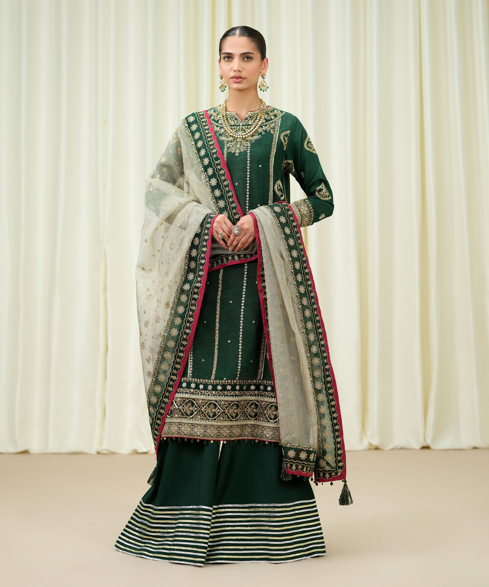 Women's Unstitched Raw Silk Embroidered Green 3 Piece Suit