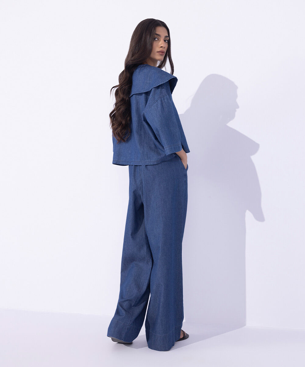 Women's Western Wear Blue Peter Pan Cropped Shirt