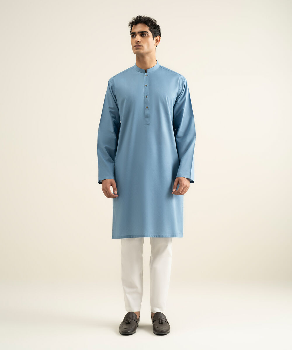 Men's blue Cotton Jacquard Kurta