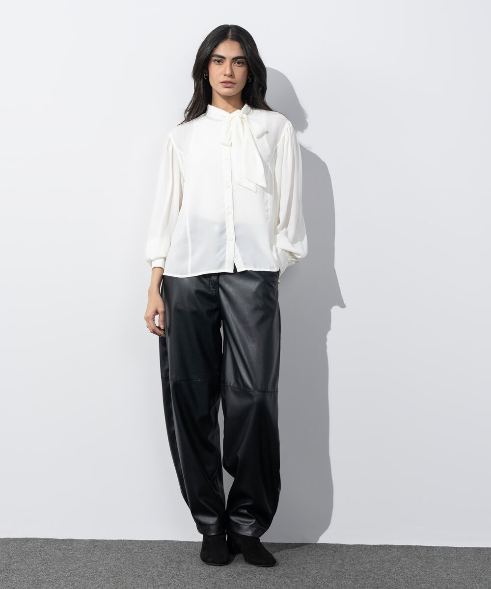 Women's Western Wear White Blouse With Tie Collar