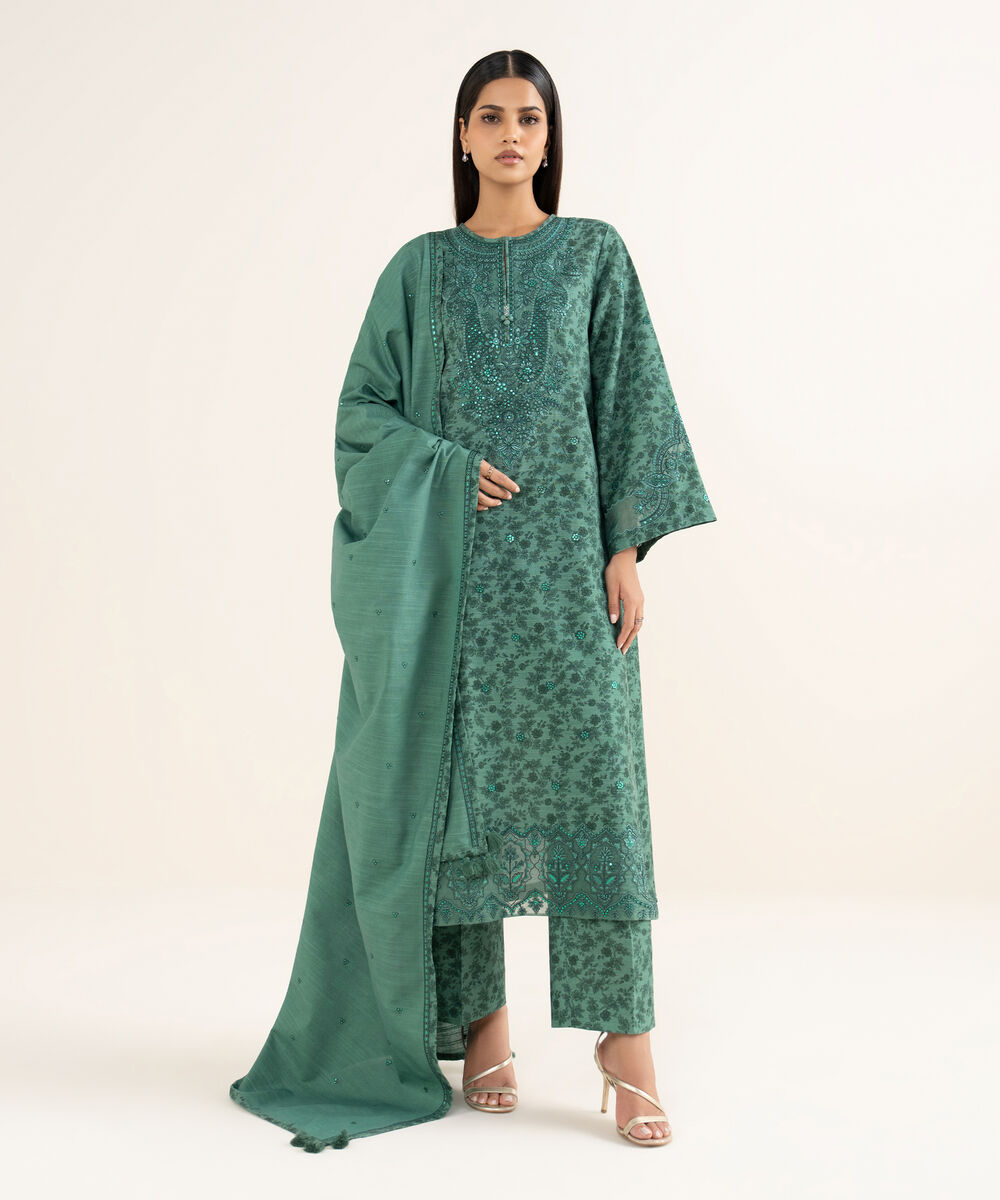 Women's Unstitched Khaddar Embroidered Green 3 Piece Suit