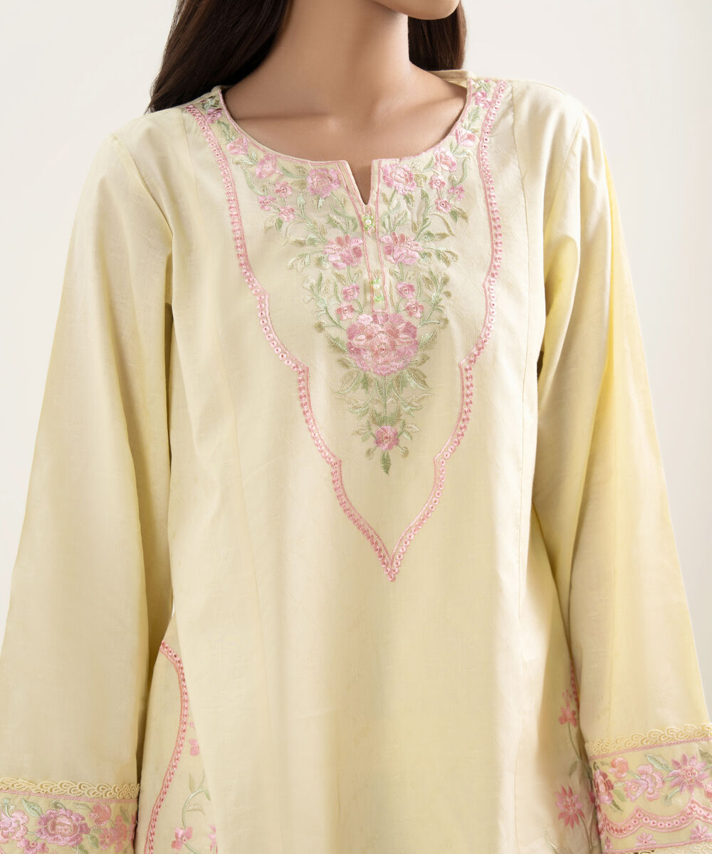 Women's RTW Self Jacquard Embroidered Yellow Straight Shirt