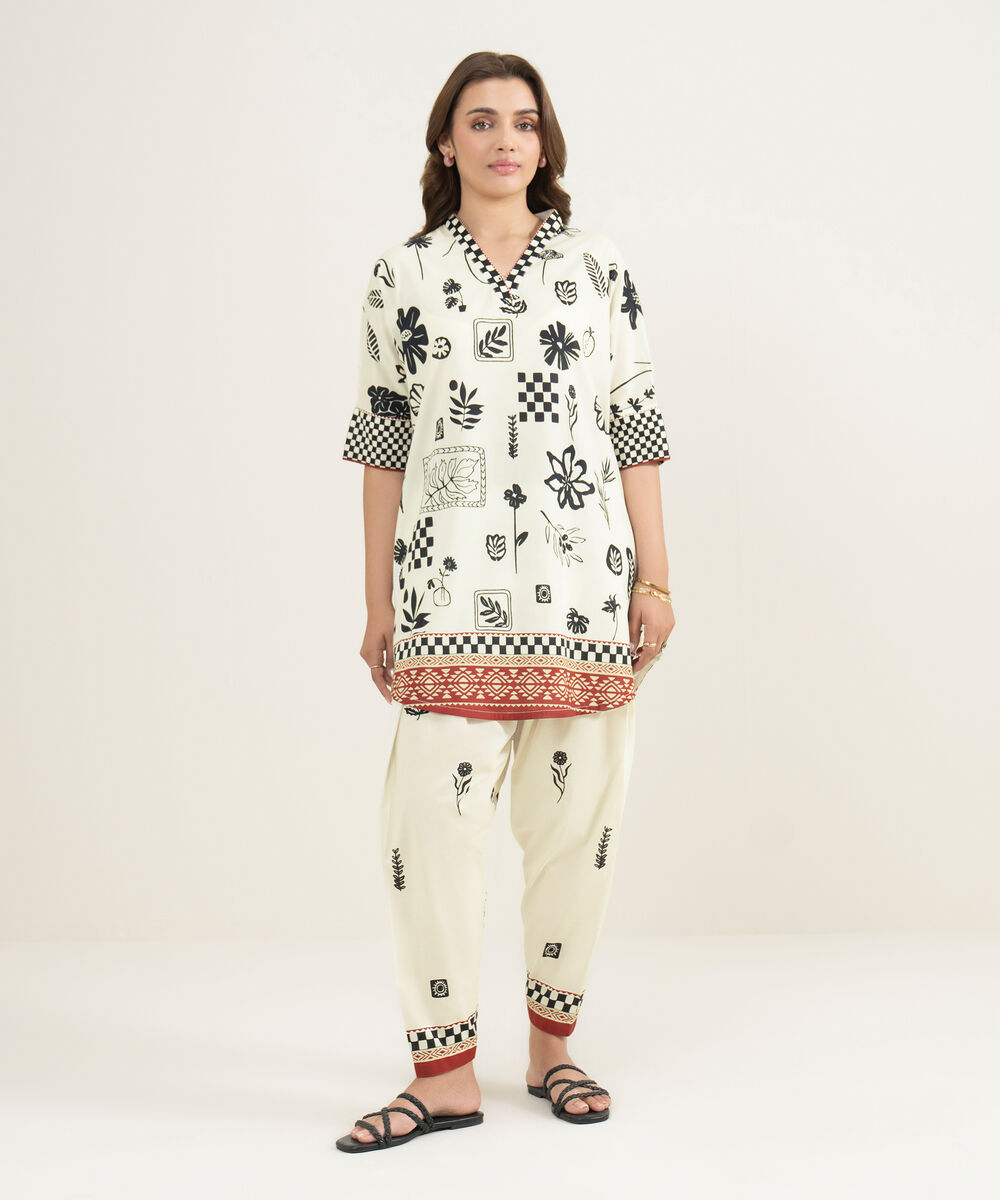 Women's RTW Cotton Viscose Printed Off White Drop Shoulder Shirt