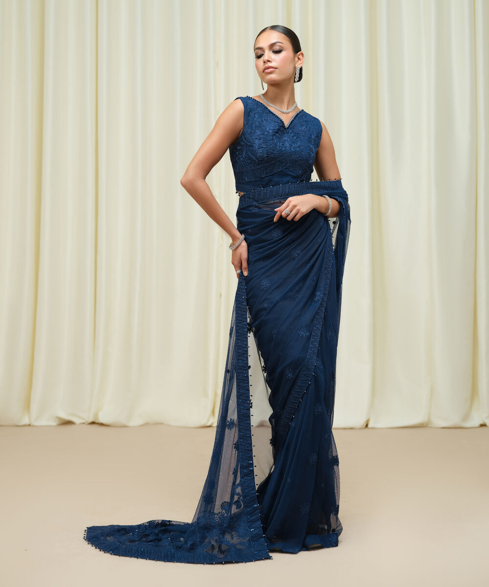 Women's Unstitched Embroidered Net Blue Saree