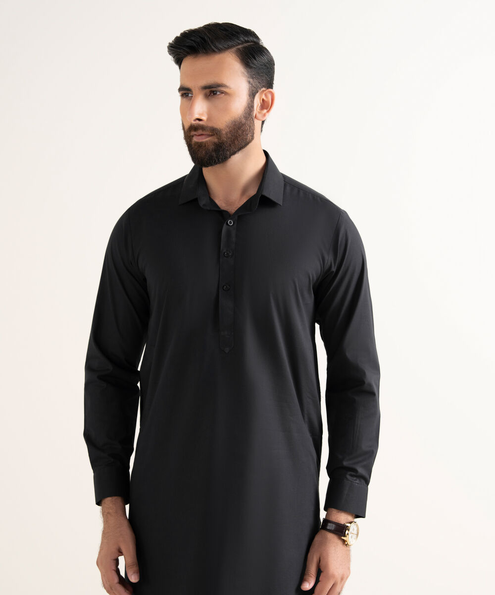 Men's Wash & Wear Plain Black Kurta Shalwar