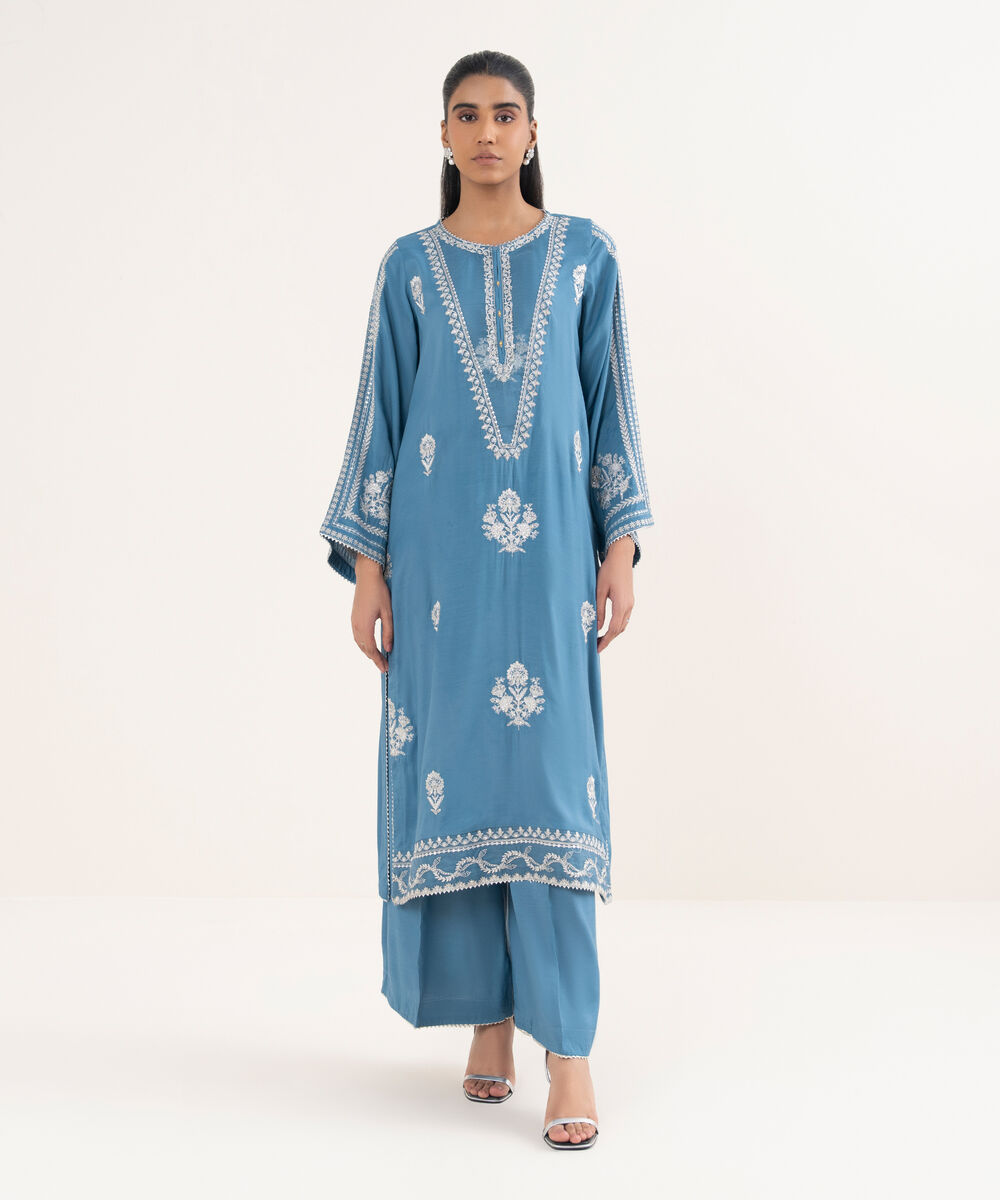 Women's RTW Viscose Raw Silk Embroidered A-Line Blue Shirt