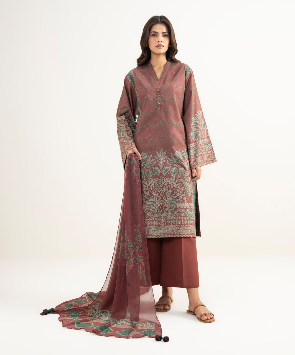 Women's Unstitched Zari Lawn Printed Red 3 Piece Suit