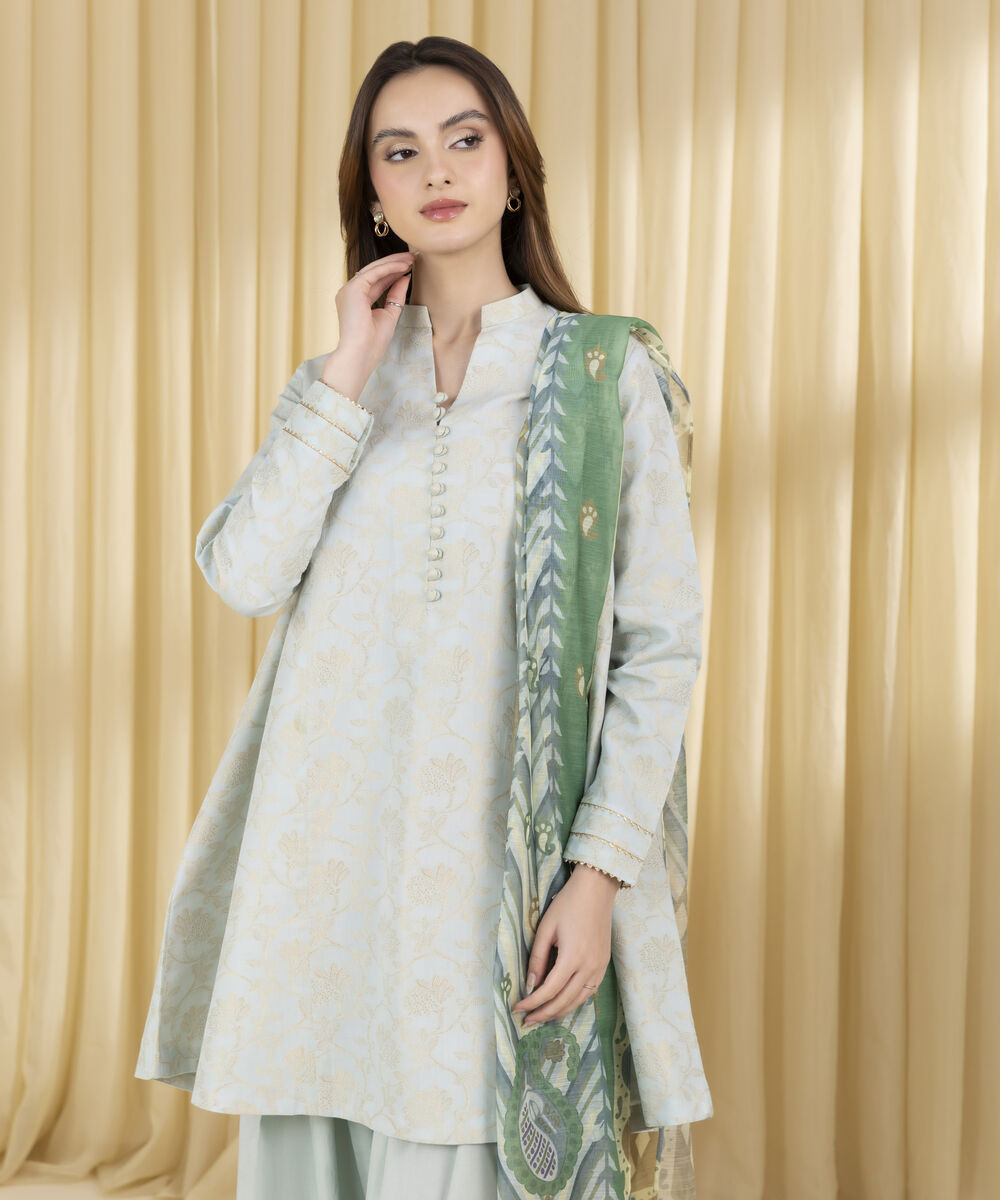 Unstitched Women's Blue Extra Weft Jacquard 3 Piece Suit