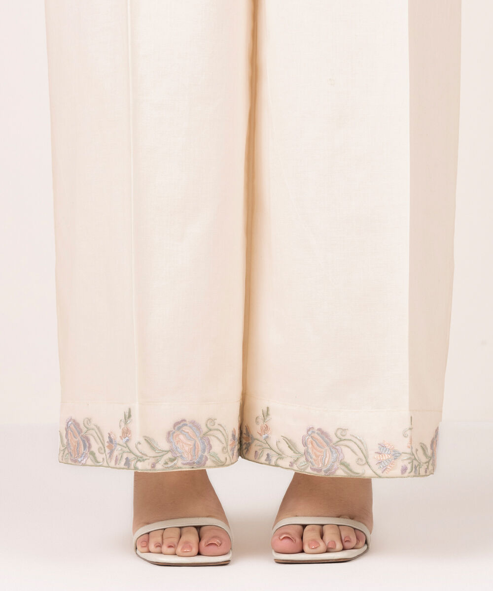 Women's RTW Cambric Embroidered Off White Flared Pants