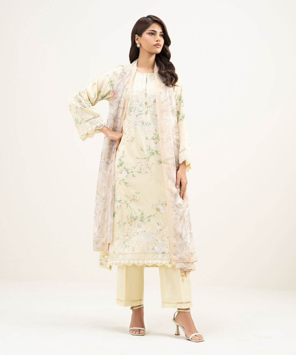 Women's RTW Lawn Embroidered Pale Yellow 3 Piece Suit