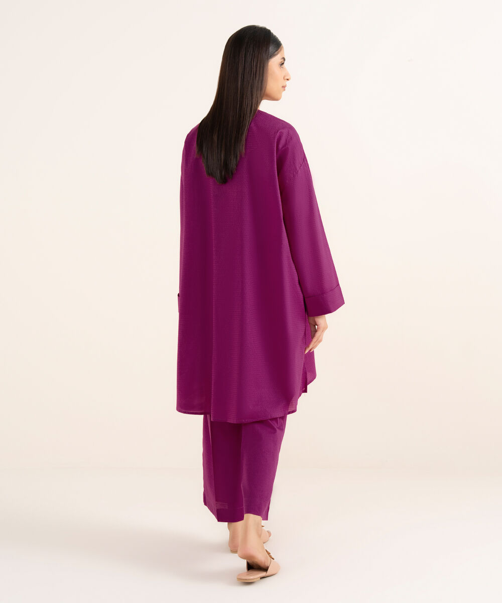 Women's RTW Textured Lawn Pink Solid Drop Shoulder Shirt