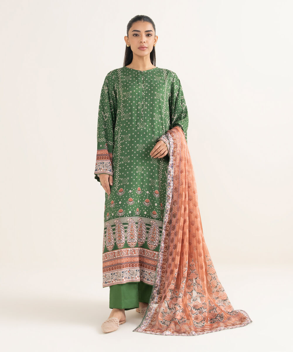 Women's RTW Linen Printed Green A-Line Shirt