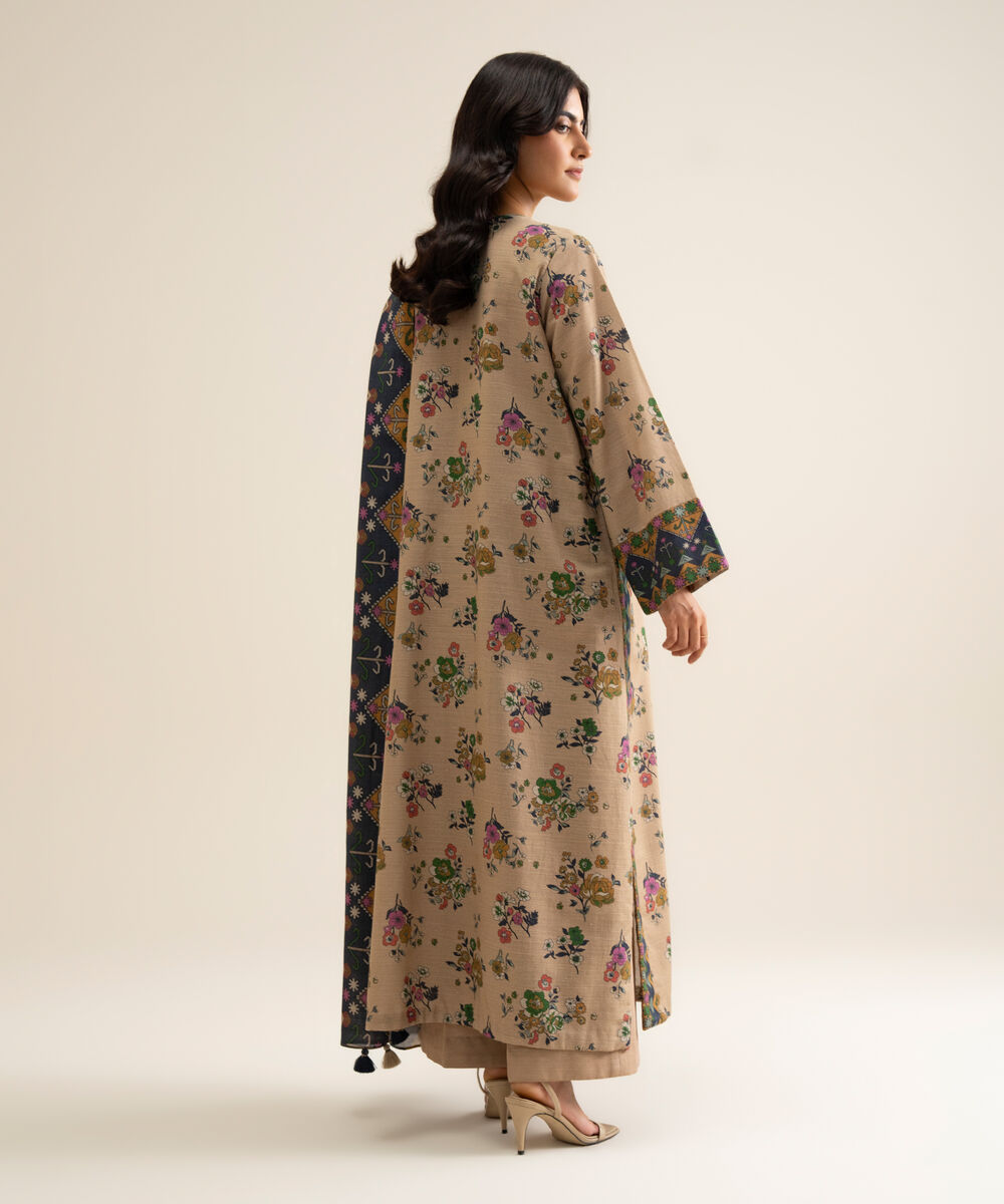 Women's Unstitched Lawn Printed Beige 3 Piece Suit