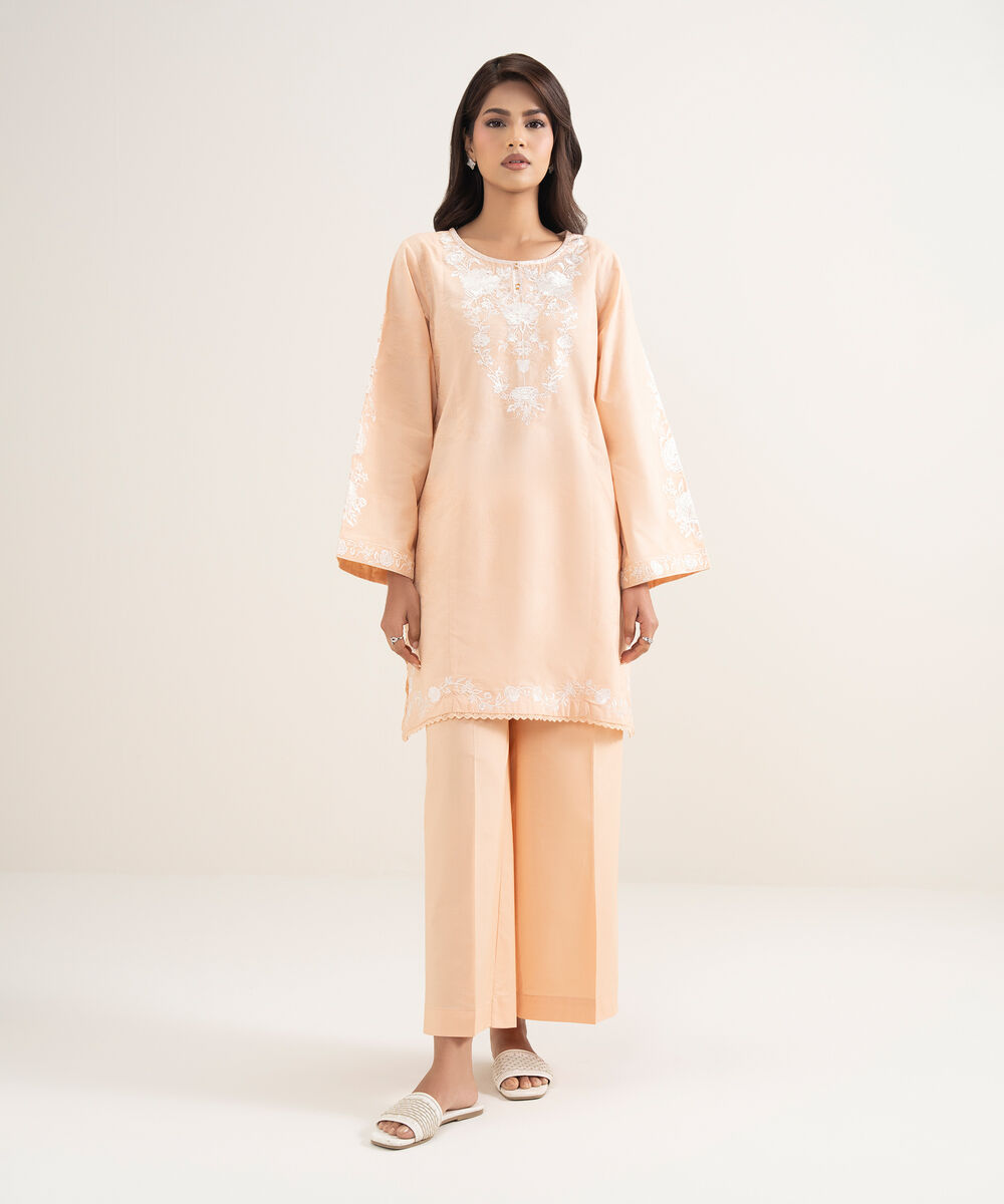 Women's RTW Self Jacquard Embroidered Pink A-Line Shirt