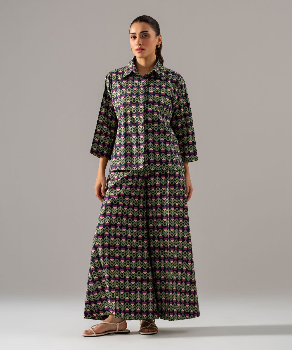 Women's RTW Seersucker Printed Black 2 Piece Suit