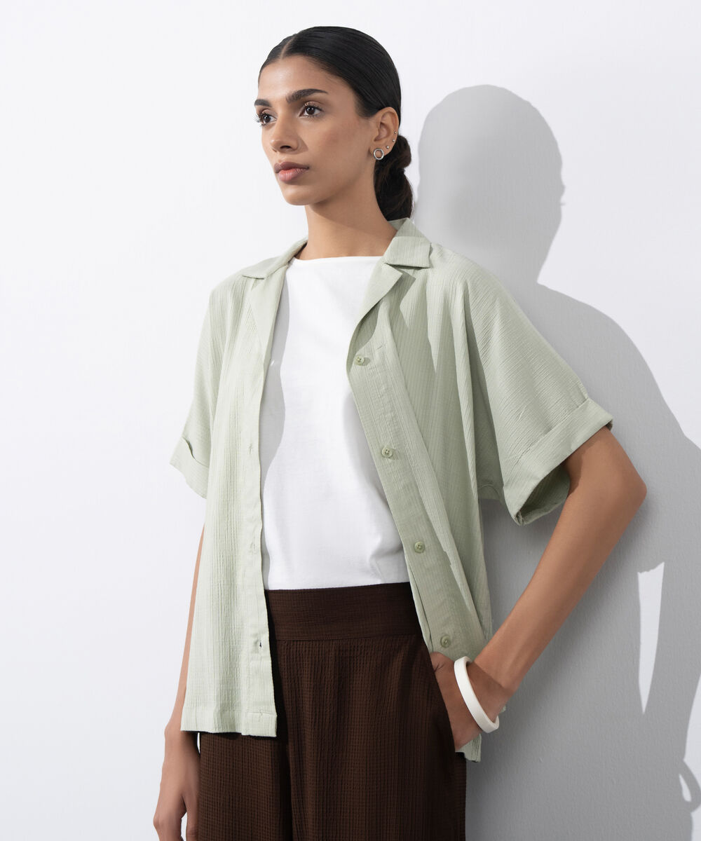 Women's Western Wear Green Regular Fit Seersucker Shirt