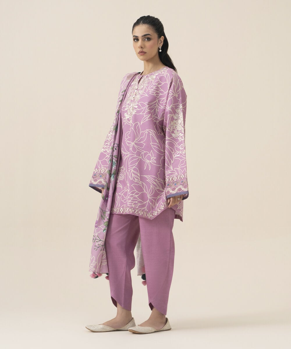 Women's Unstitched Premium Khaddar Embroidered Lilac 3 Piece Suit