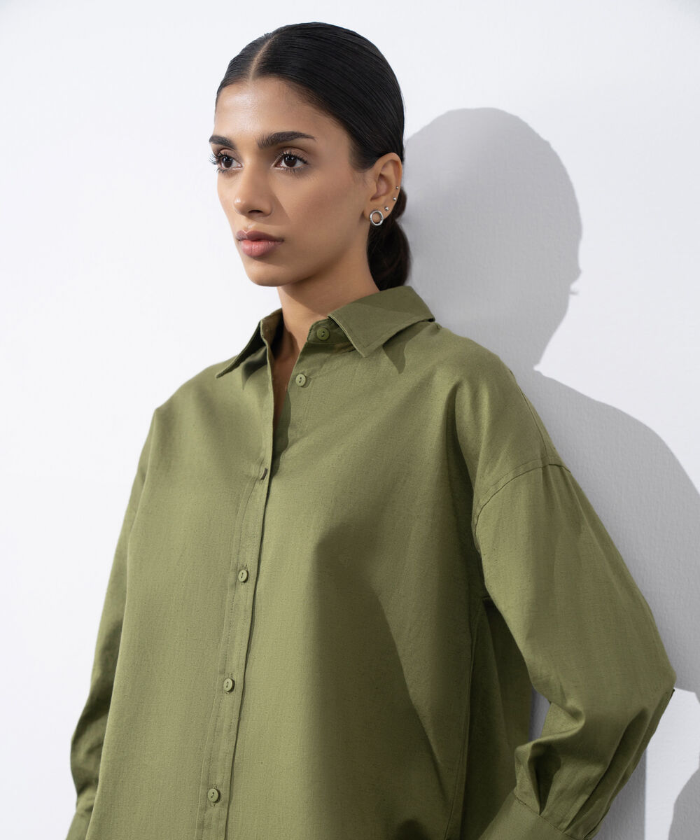 Women's Western Wear Green Loose Fit Linen Blend Shirt
