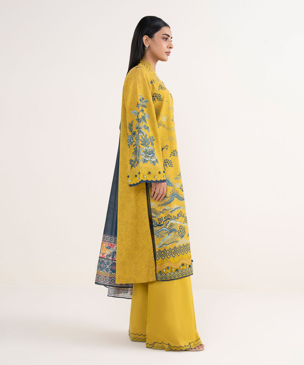 Women's Unstitched Cotton Jacquard Embroidered Yellow 3 Piece Suit