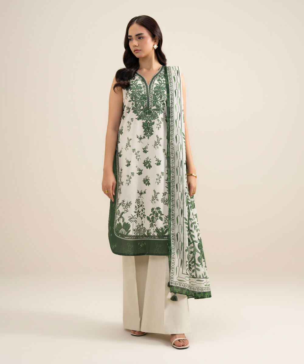 Women's Unstitched Lawn Embroidered Green and Off White  3 Piece Suit