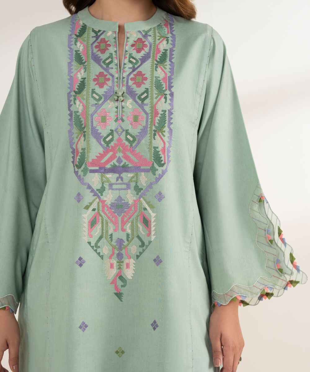 Women's Unstitched Cotton Viscose Embroidered Green 3 Piece Suit