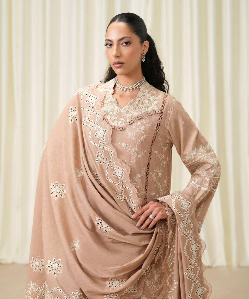 Women's Unstitched Embroidered Linen coral Pink 3 Piece Suit