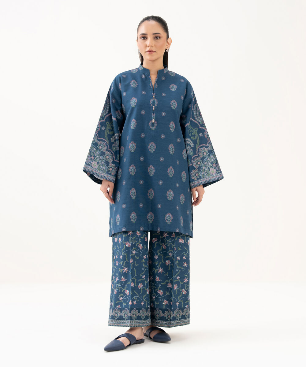 Women's Unstitched Light Khaddar Printed Blue 2 Piece Suit